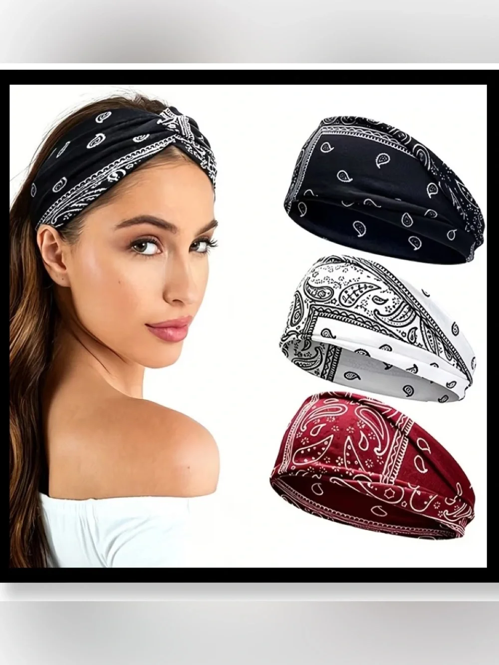 Classic Paisley Twist Headband - Black, White & Burgundy